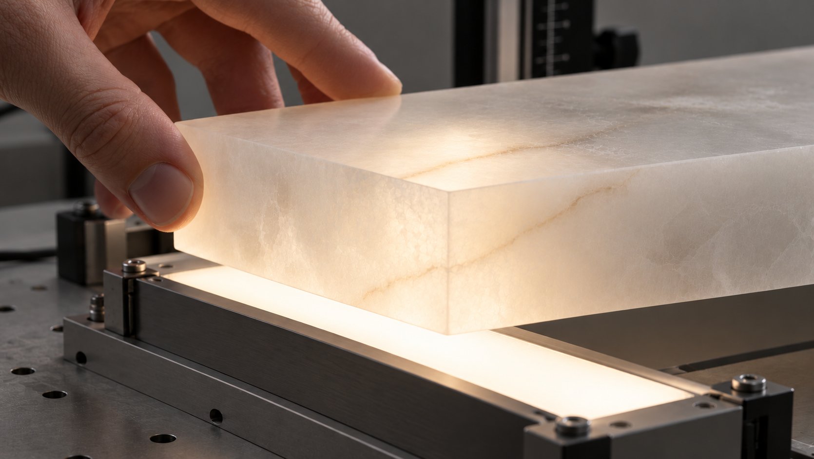 A hand lowering a slab of veined alabaster onto a strip of light, which glows through the stone.