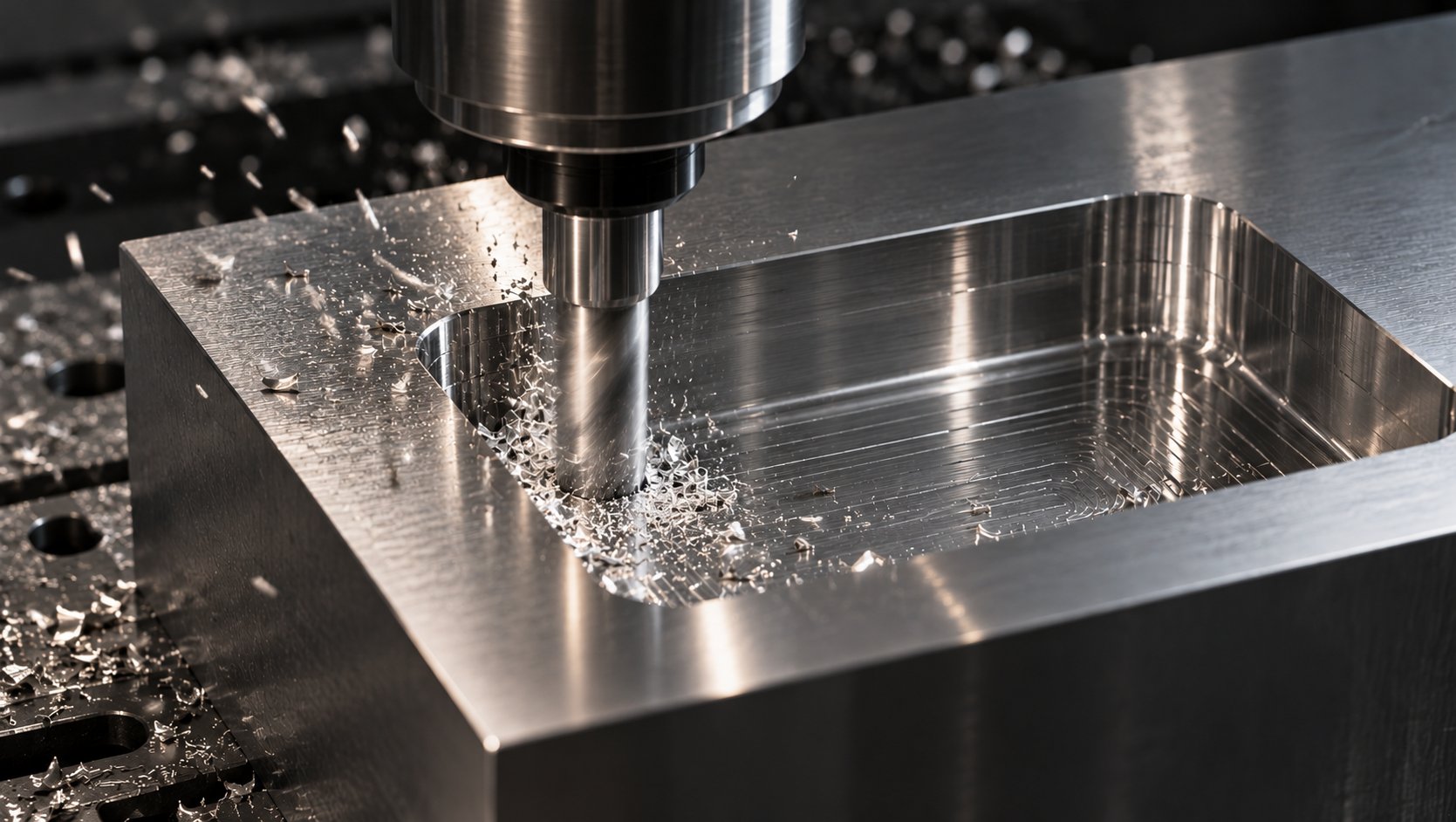 A CNC cutter milling a pocket into a solid block of aluminium, with bright metal chips scattered across the surface.