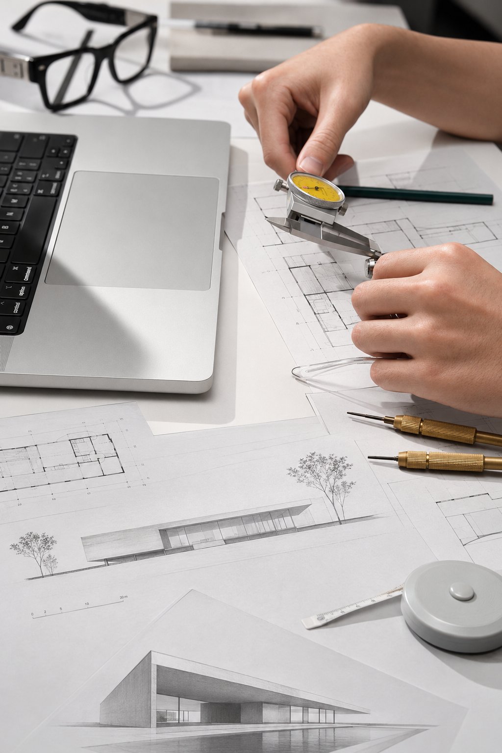 Hands measuring an architectural plan with a dial caliper, among pencil drawings of a low modern building, a laptop and brass drafting tools.