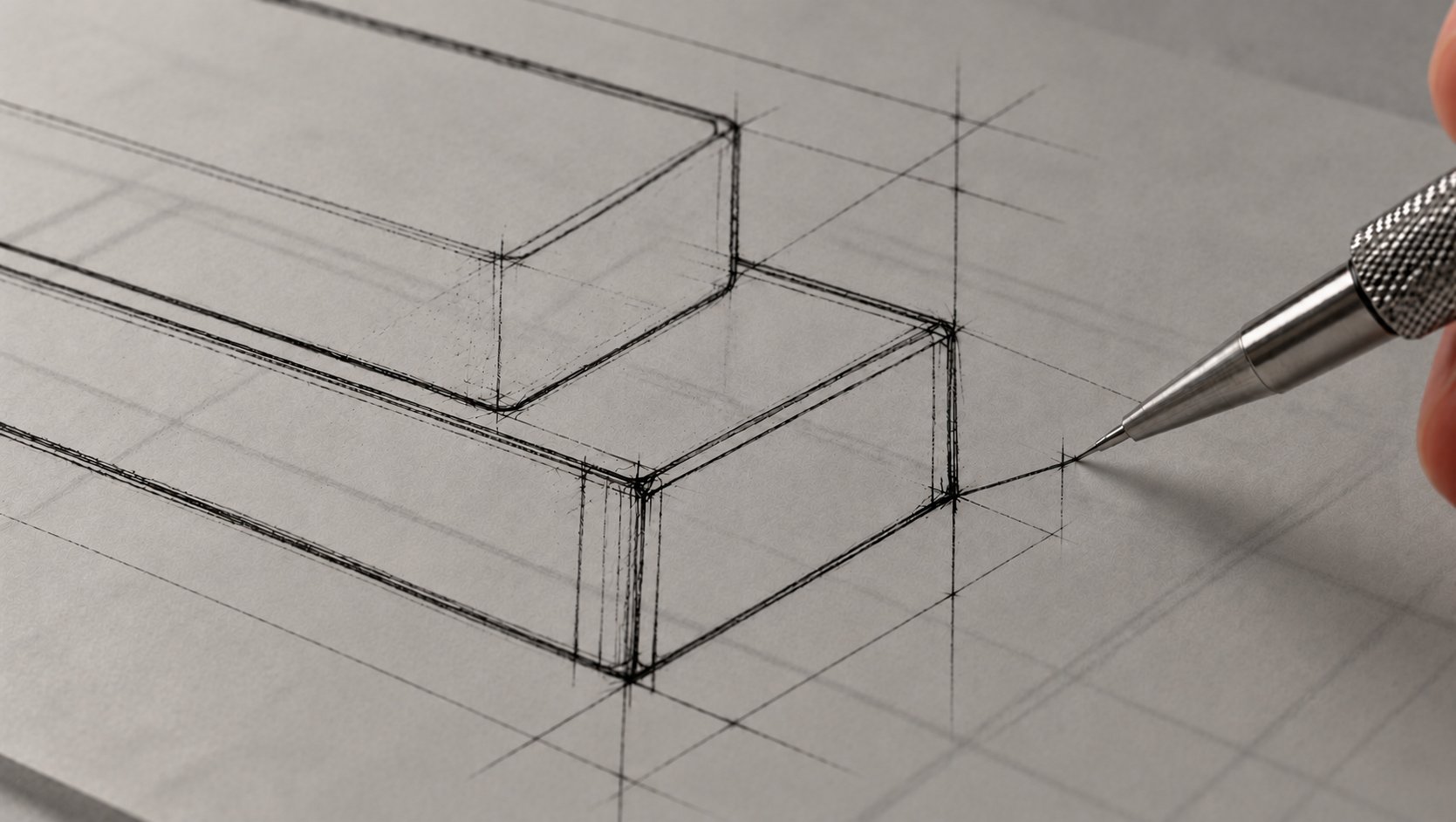 Close up of a technical pen drawing a stepped block in perspective, its construction lines still visible on tracing paper.
