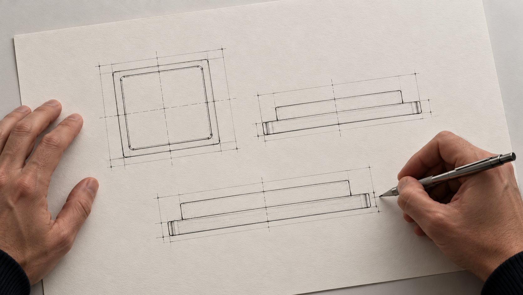 Seen from above, hands drawing the Table Light in pencil: its plan and two elevations, set out with construction lines on a sheet of paper.