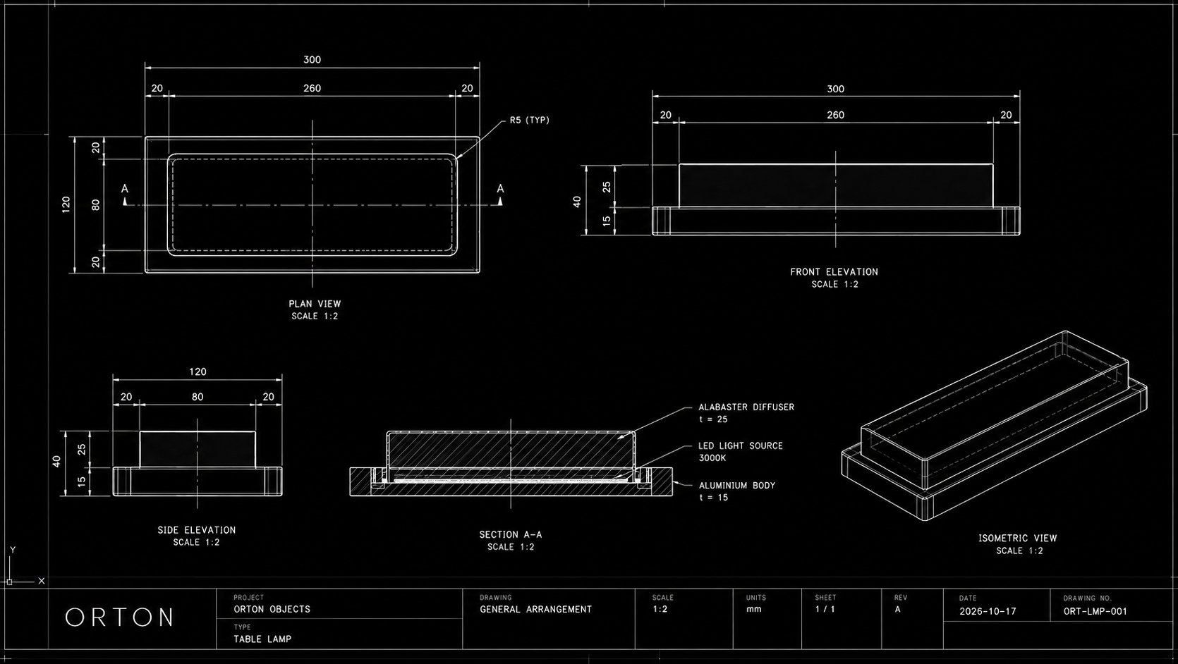 Technical drawing of the ORTON table lamp: plan, elevations, a section through the alabaster diffuser and aluminium body, and an isometric view, all dimensioned.