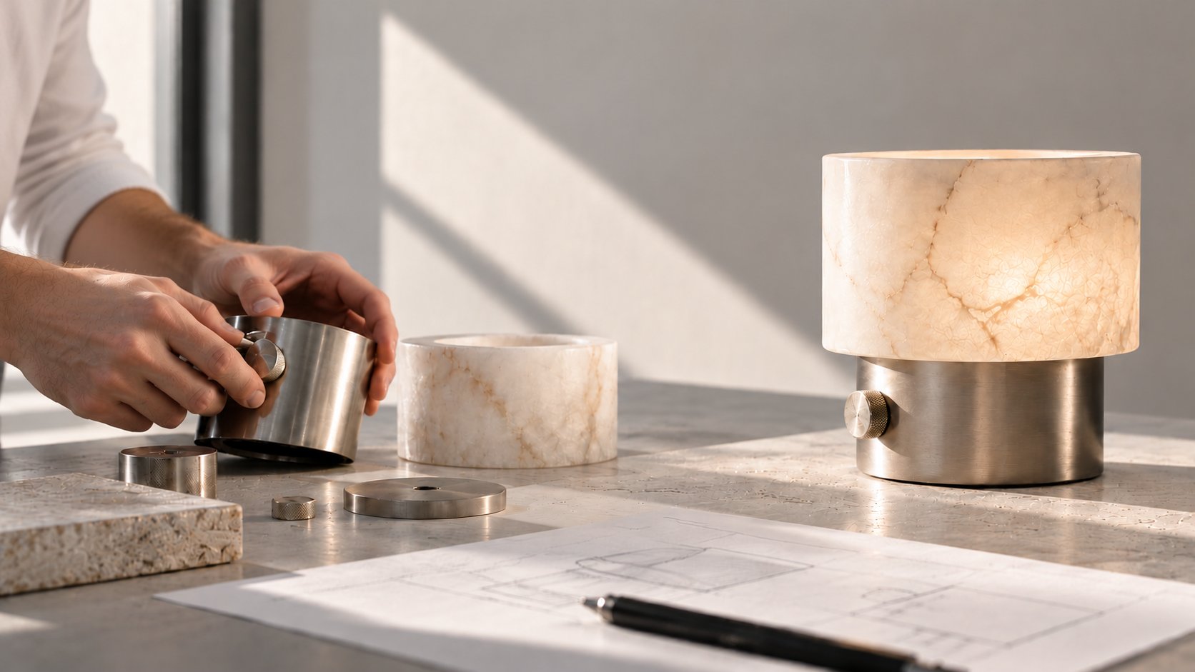 Hands fitting a polished metal sleeve at a stone worktop, with the finished table light glowing beside it and a drawing in the foreground.