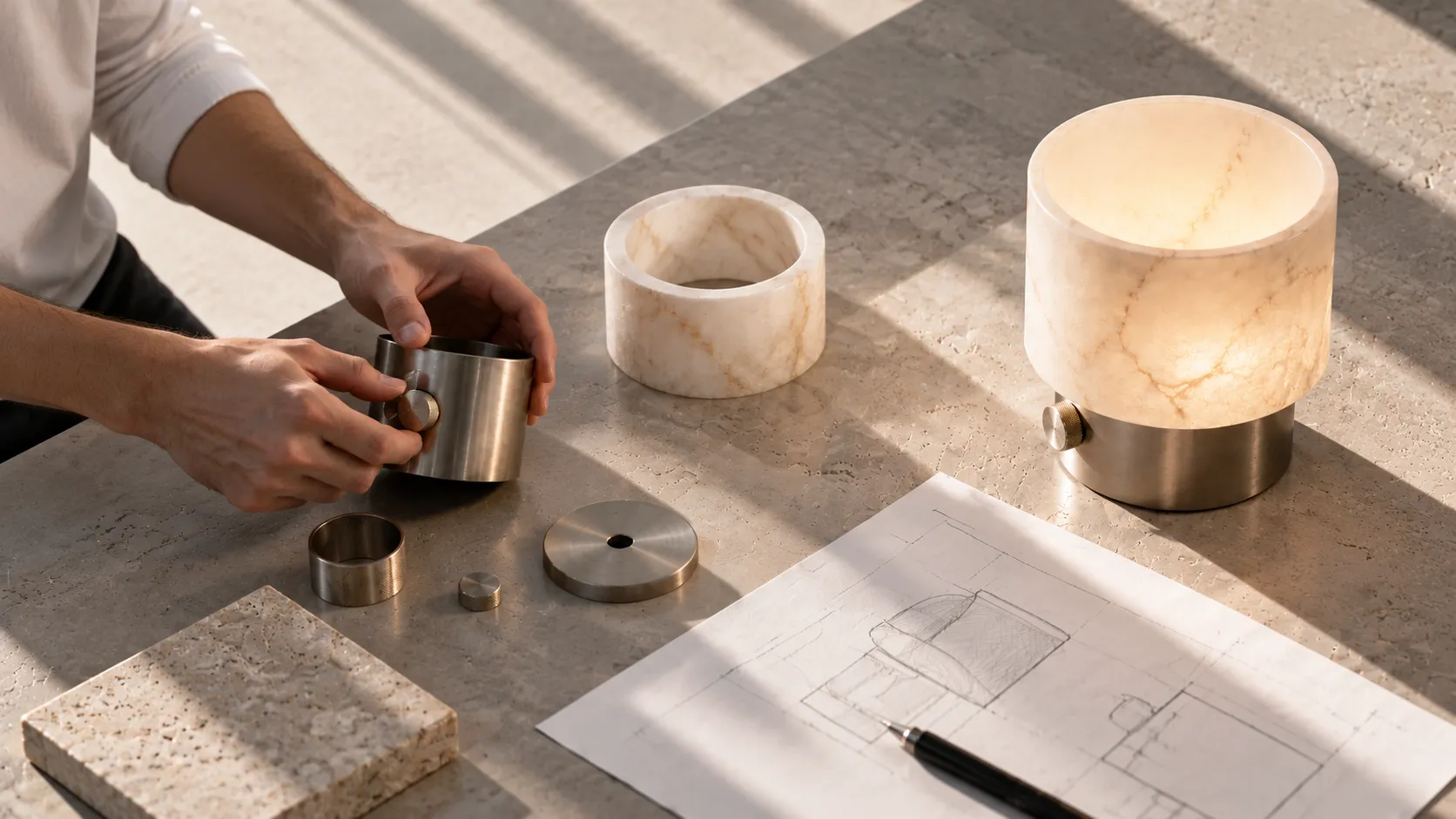 Hands assembling a machined metal base at a stone workbench, beside alabaster rings, a lit alabaster lamp and pencil drawings.